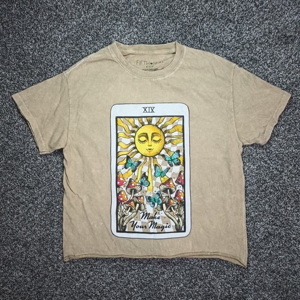 Fifth Sun Mushroom Butterfly Tarot Magic Graphic T-Shirt Small Womens Boho Tee